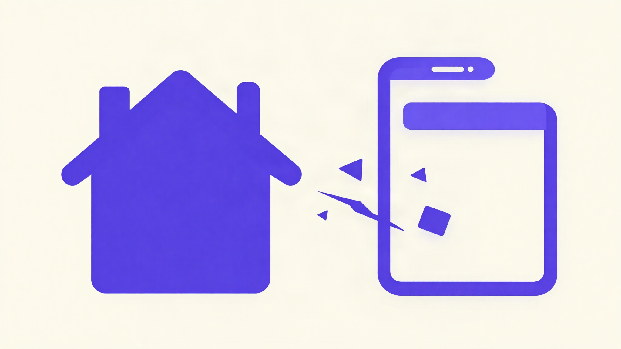 Illustration of a solid house shape beside a phone screen breaking apart into fragments, representing owning your own website versus renting space on social media.