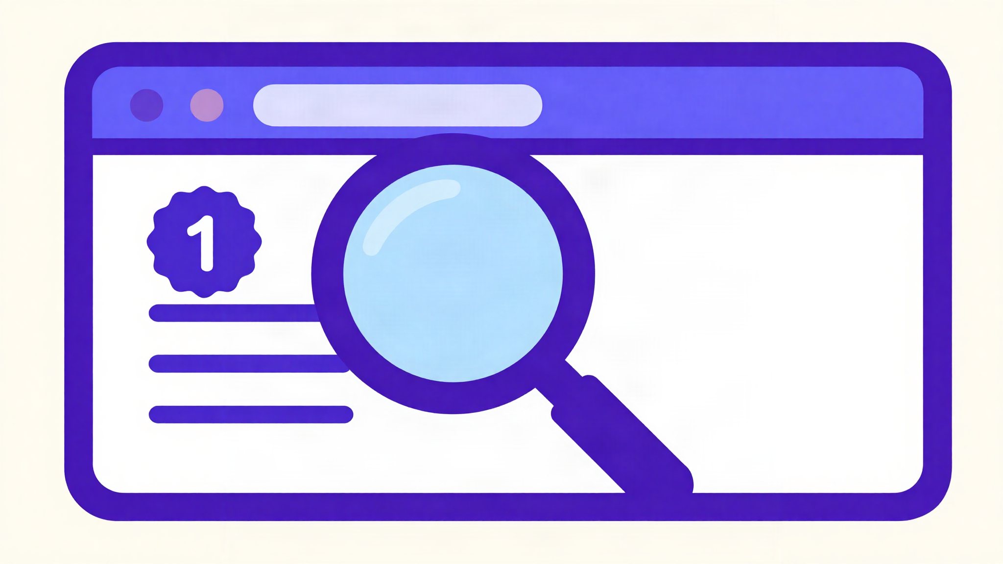 Illustration of a magnifying glass examining a browser window with a number one search ranking badge.